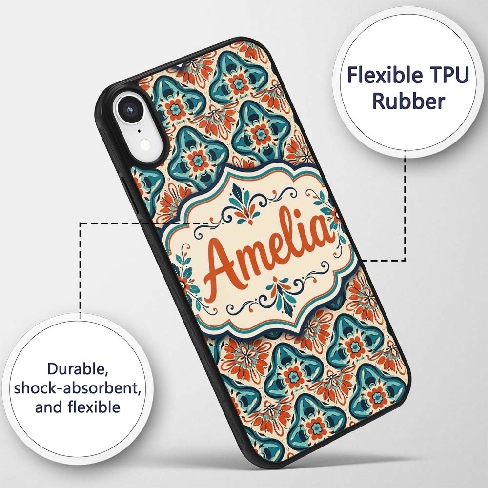 Cream Background Floral Tile Pattern with Teal Custom Name Protective Phone Case Mobile Cover Durable Everyday Smartphone Shock Resistant