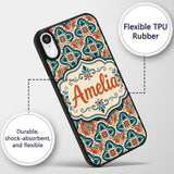 Cream Background Floral Tile Pattern with Teal Custom Name Protective Phone Case Mobile Cover Durable Everyday Smartphone Shock Resistant