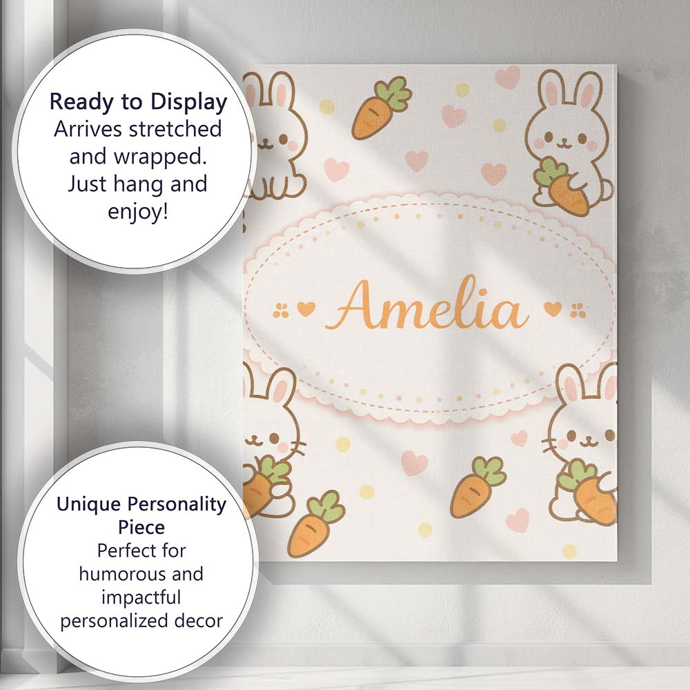Personalised Name Cute Bunny Carrot Cartoon Animal Pattern Beautiful Custom  Home Canvas Wall Art Print Decor Picture Ready to Hang
