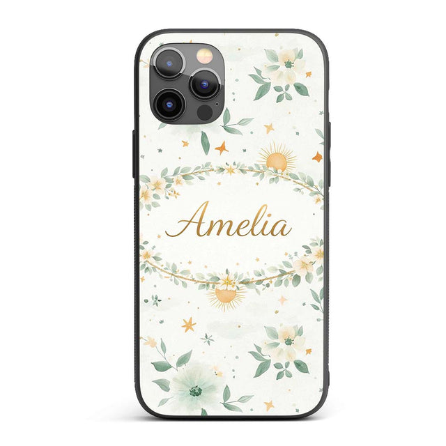 Minimal Floral Leaves and Sun Printed Design Custom Name Protective Phone Case Mobile Cover Durable Everyday Smartphone Shock Resistant