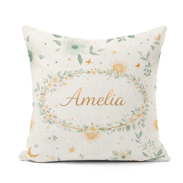 Custom Name Minimal Floral Leaves and Sun Pattern White Seamless Square Filled Cushion Throw Pillow Sofa Bed Home Decor Zip Washable UK Made