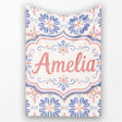 Pastel Blue and Pink Decorative Tile Pattern with Floral Symmetry on  Personalised Custom Name Super Soft Fleece Blanket Bed Sofa Throw