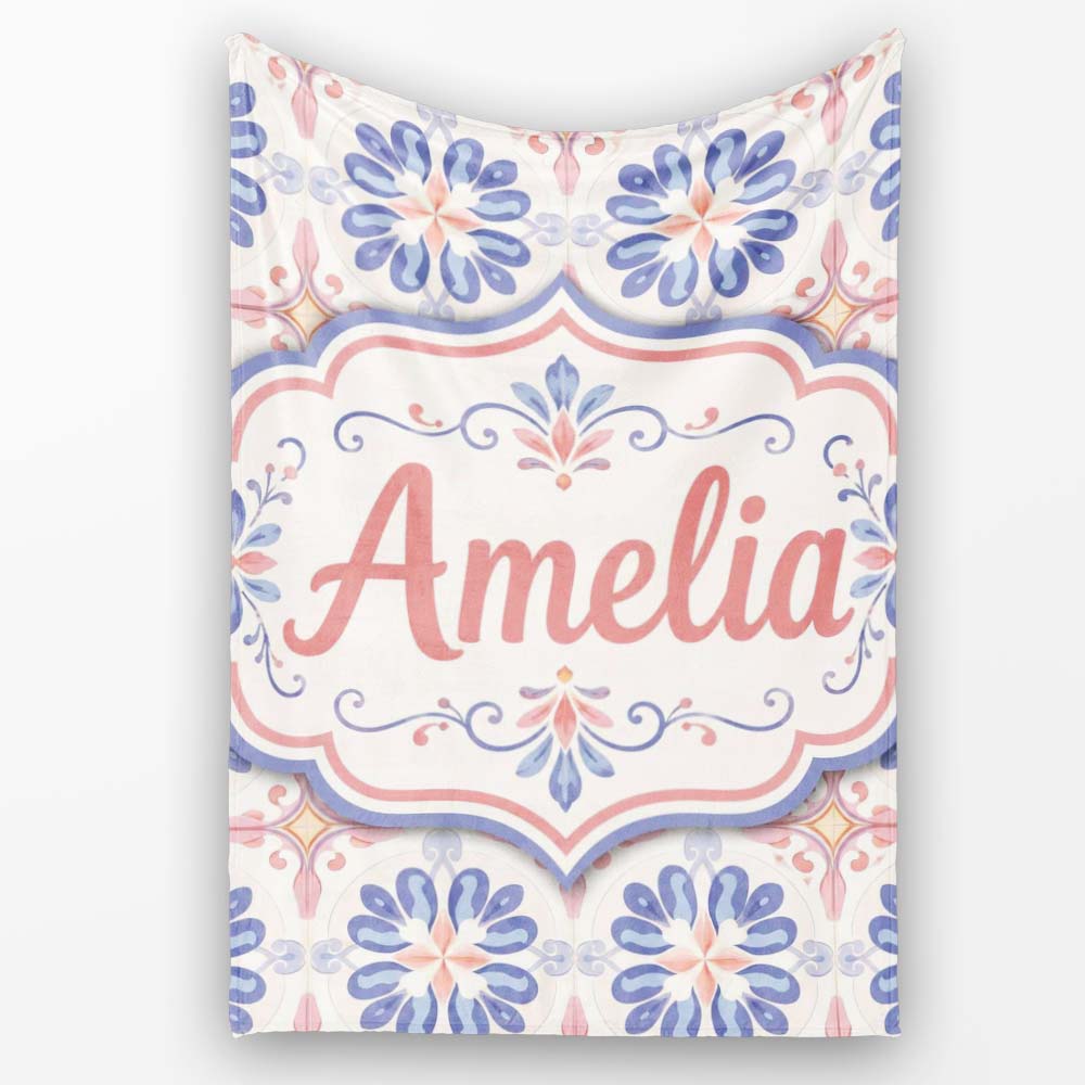 Pastel Blue and Pink Decorative Tile Pattern with Floral Symmetry on  Personalised Custom Name Super Soft Fleece Blanket Bed Sofa Throw