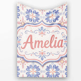 Pastel Blue and Pink Decorative Tile Pattern with Floral Symmetry on  Personalised Custom Name Super Soft Fleece Blanket Bed Sofa Throw