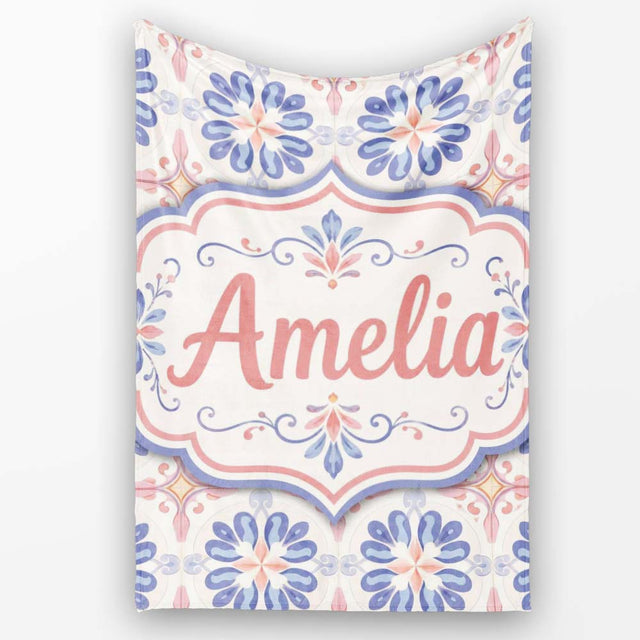 Pastel Blue and Pink Decorative Tile Pattern with Floral Symmetry on  Personalised Custom Name Super Soft Fleece Blanket Bed Sofa Throw