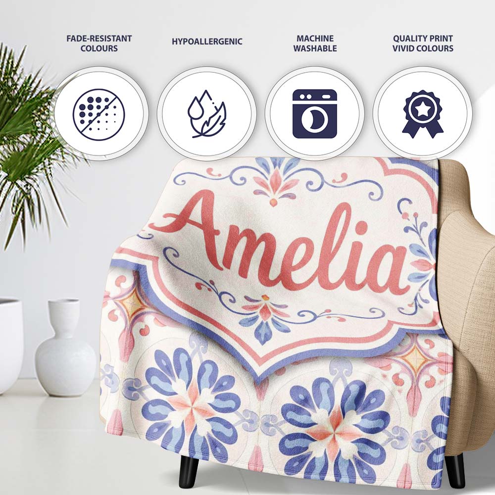 Pastel Blue and Pink Decorative Tile Pattern with Floral Symmetry on  Personalised Custom Name Super Soft Fleece Blanket Bed Sofa Throw