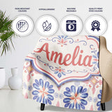 Pastel Blue and Pink Decorative Tile Pattern with Floral Symmetry on  Personalised Custom Name Super Soft Fleece Blanket Bed Sofa Throw
