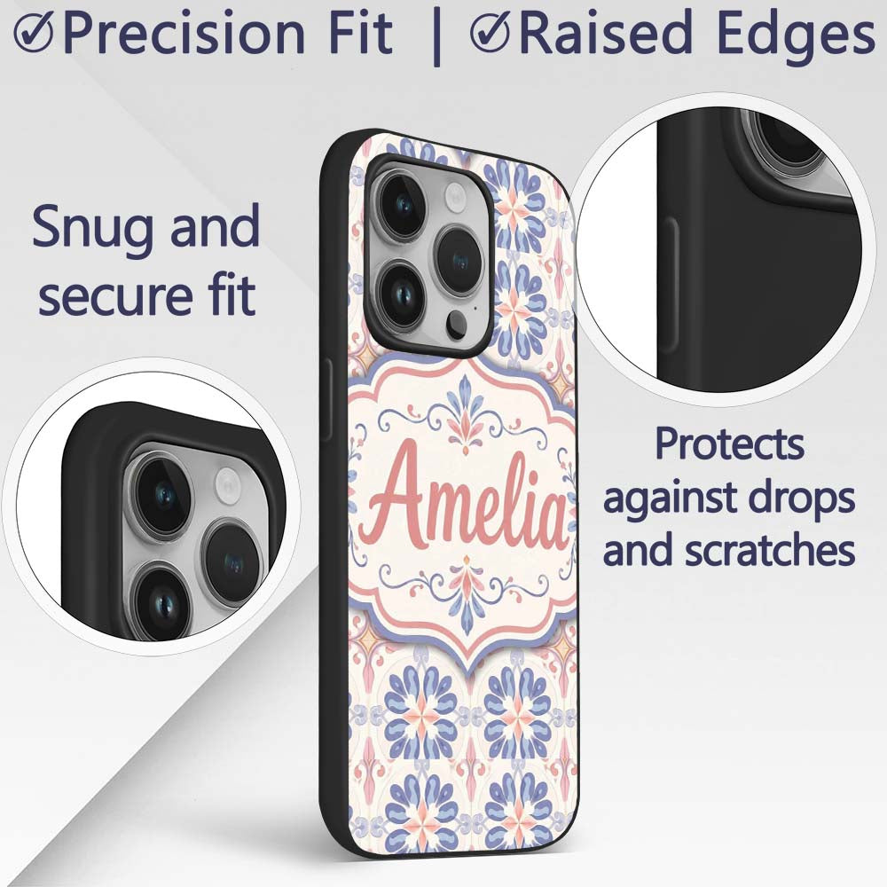 Pastel Blue and Pink Decorative Tile Pattern with Custom Name Protective Phone Case Mobile Cover Durable Everyday Smartphone Shock Resistant