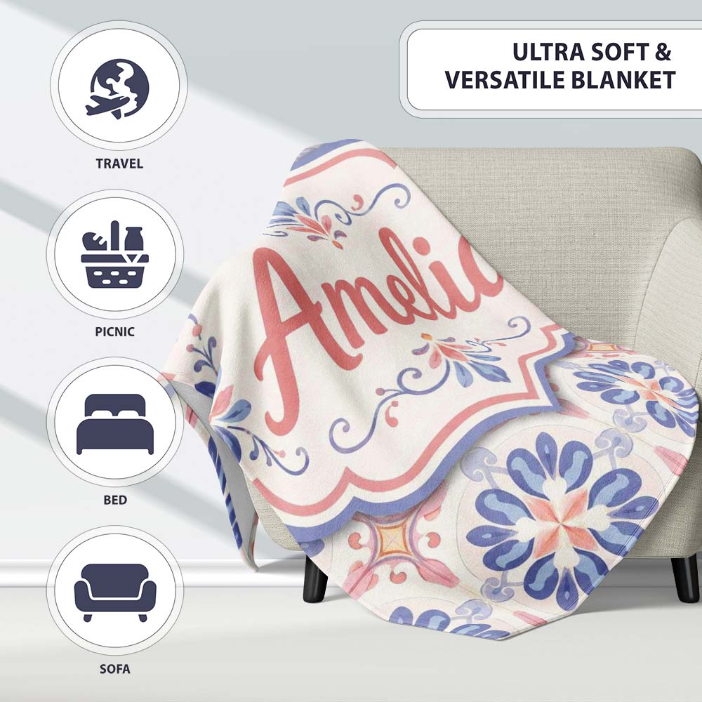 Pastel Blue and Pink Decorative Tile Pattern with Floral Symmetry on  Personalised Custom Name Super Soft Fleece Blanket Bed Sofa Throw