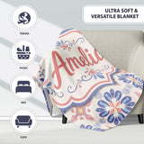 Pastel Blue and Pink Decorative Tile Pattern with Floral Symmetry on  Personalised Custom Name Super Soft Fleece Blanket Bed Sofa Throw