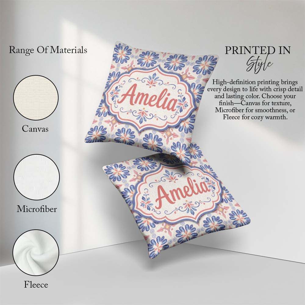 Custom Name Pastel Blue and Pink Decorative Tile Pattern with on Square Filled Cushion Throw Pillow Sofa Bed Home Decor Zip Washable UK Made