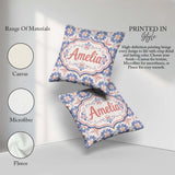 Custom Name Pastel Blue and Pink Decorative Tile Pattern with on Square Filled Cushion Throw Pillow Sofa Bed Home Decor Zip Washable UK Made