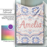 Pastel Blue and Pink Decorative Tile Pattern with Floral Symmetry on  Personalised Custom Name Super Soft Fleece Blanket Bed Sofa Throw