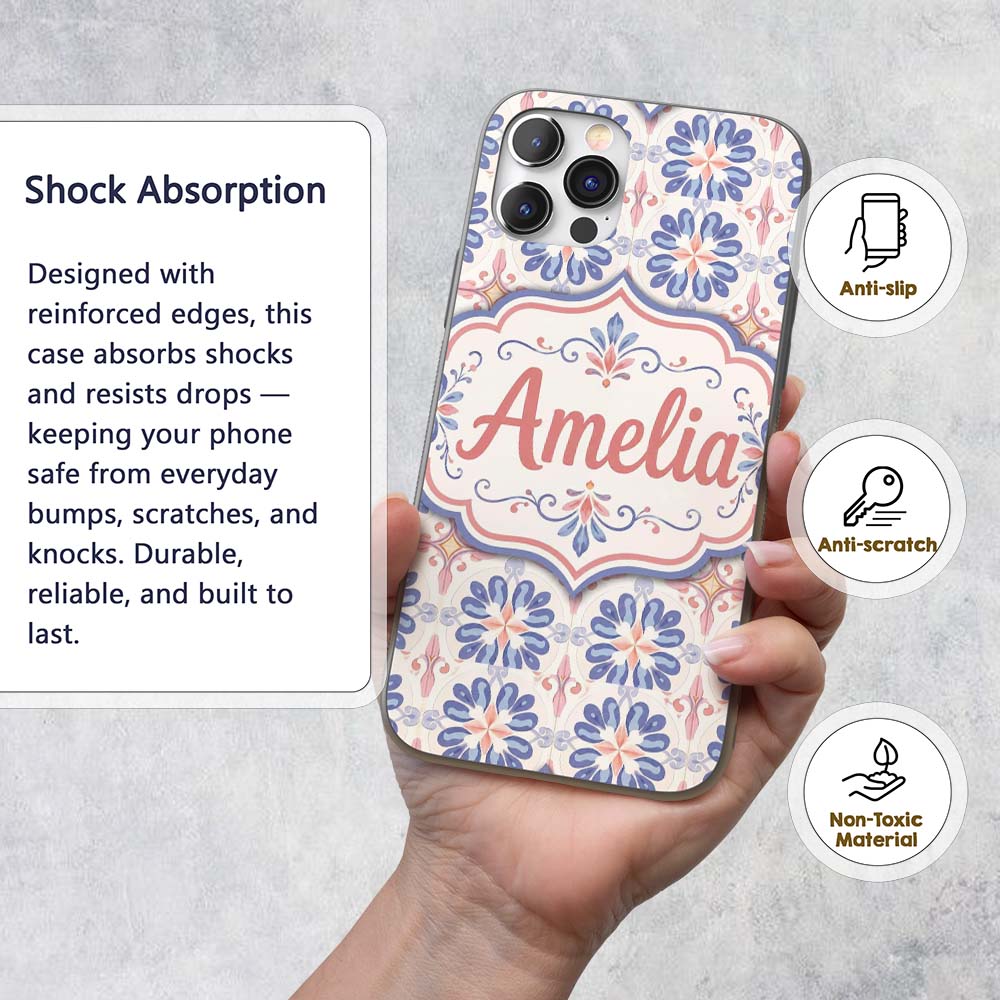 Pastel Blue and Pink Decorative Tile Pattern with Custom Name Protective Phone Case Mobile Cover Durable Everyday Smartphone Shock Resistant