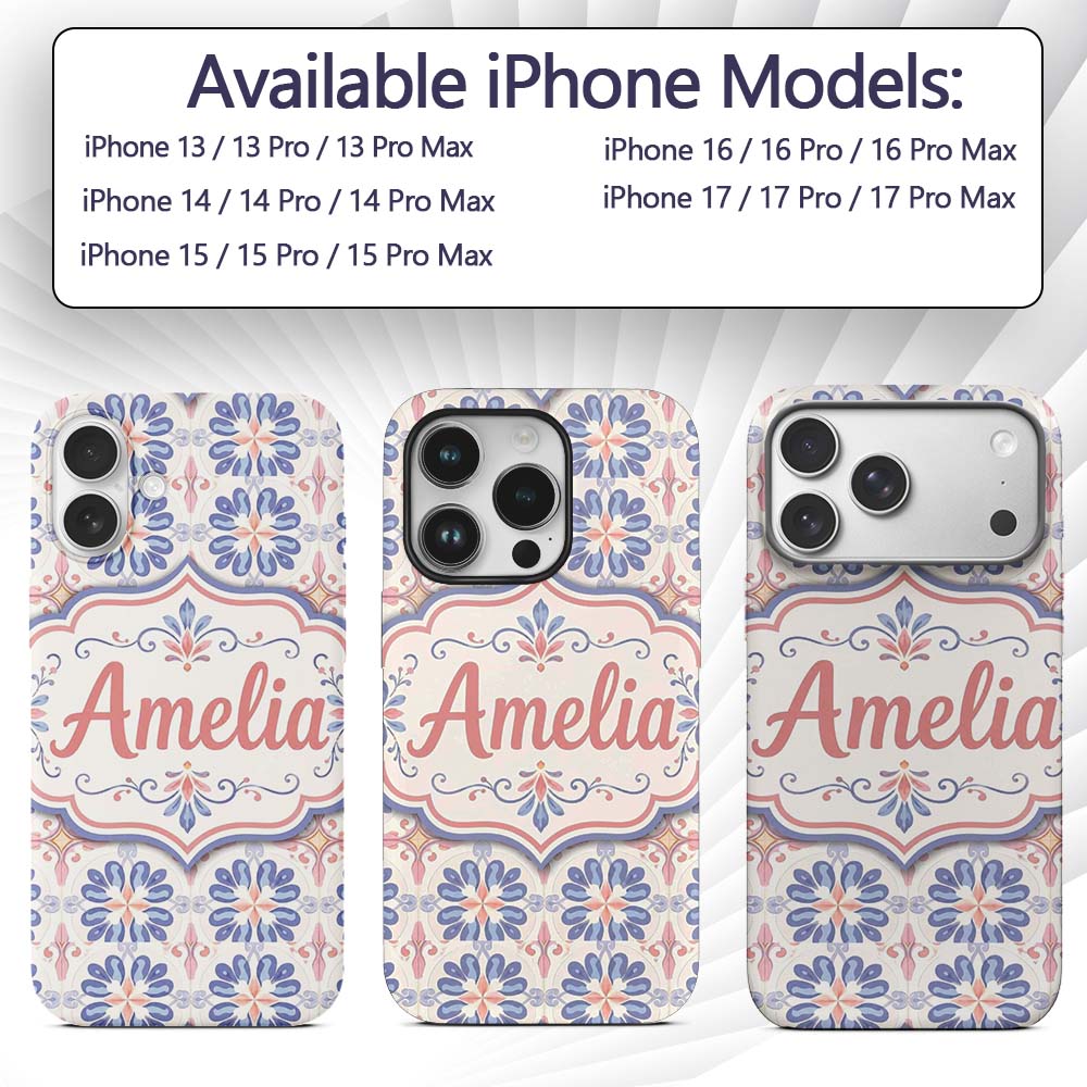Pastel Blue and Pink Decorative Tile Pattern with Custom Name Protective Phone Case Mobile Cover Durable Everyday Smartphone Shock Resistant