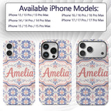 Pastel Blue and Pink Decorative Tile Pattern with Custom Name Protective Phone Case Mobile Cover Durable Everyday Smartphone Shock Resistant