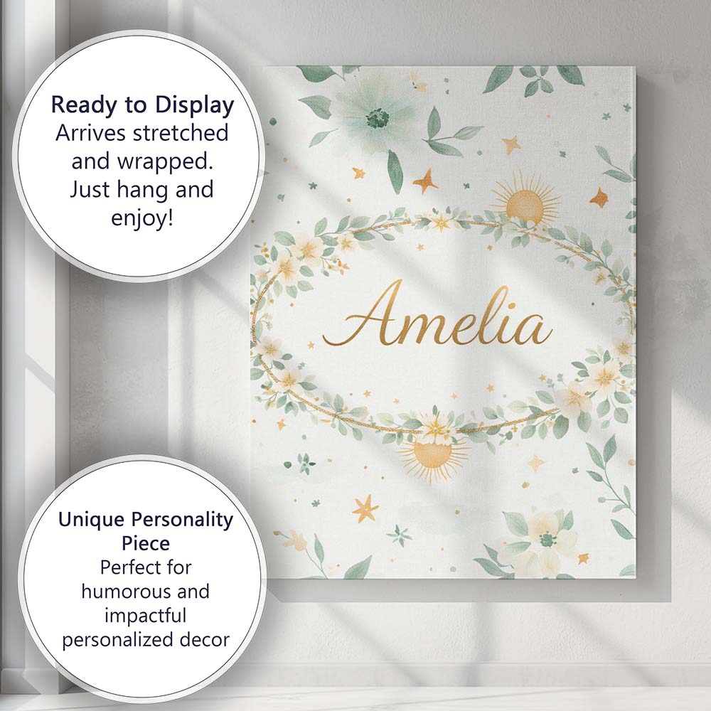 Personalised Name Minimal Floral Leaves and Sun Pattern White Custom Contemporary Display Canvas Wall Art Print Decor Picture Ready to Hang