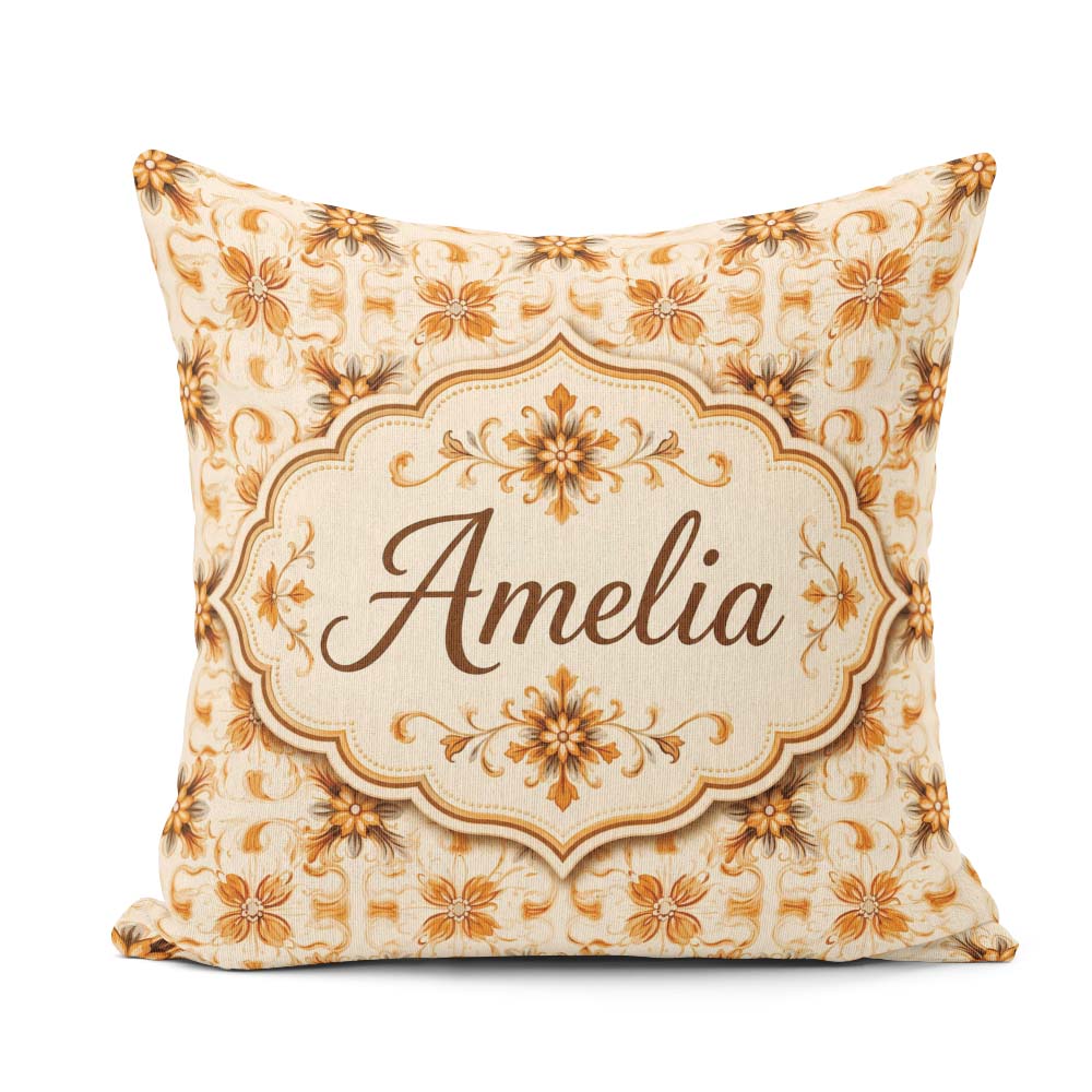 Custom Name Golden Brown Ornate Floral Tile Pattern with Classic Square Filled Cushion Throw Pillow Sofa Bed Home Decor Zip Washable UK Made