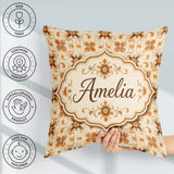 Custom Name Golden Brown Ornate Floral Tile Pattern with Classic Square Filled Cushion Throw Pillow Sofa Bed Home Decor Zip Washable UK Made