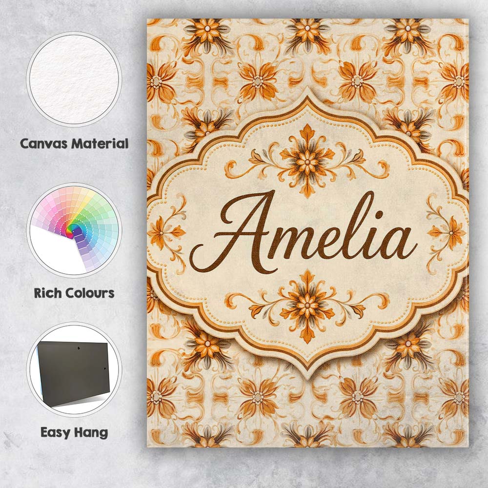 Personalised Name Golden Brown Ornate Custom Modern Room Accent Creative Decorator Style Canvas Wall Art Print Decor Picture Ready to Hang