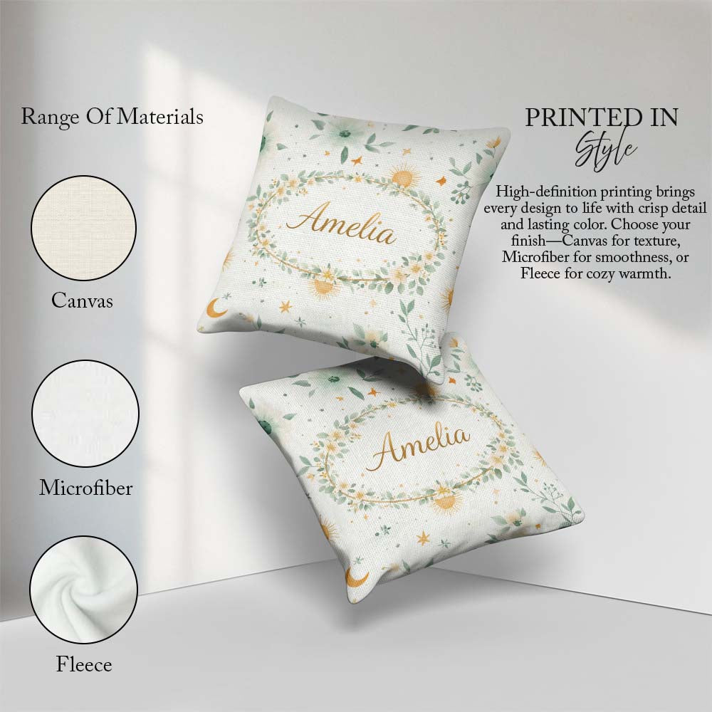 Custom Name Minimal Floral Leaves and Sun Pattern White Seamless Square Filled Cushion Throw Pillow Sofa Bed Home Decor Zip Washable UK Made