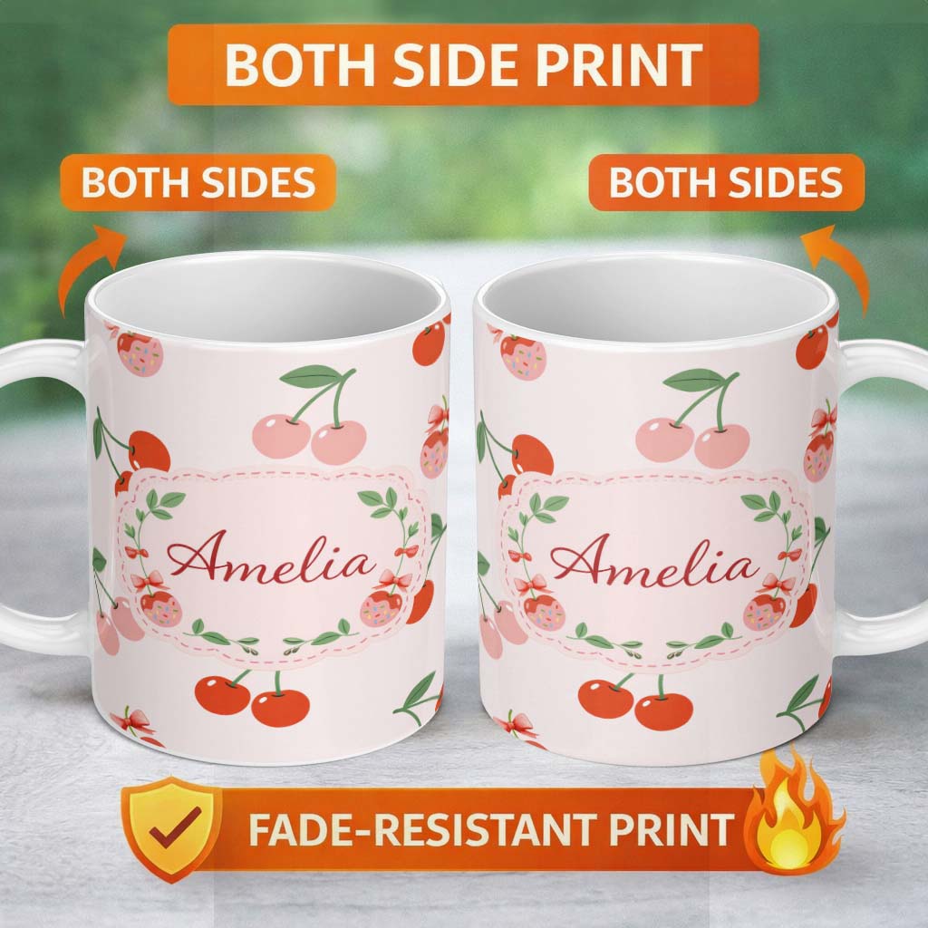 Personalized Custom Name Cute Cherry Fruit Black Background Bold Seamless Pattern Lovely 11oz Ceramic Coffee Tea Mug White Large Handle