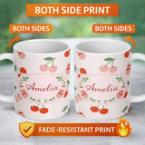 Personalized Custom Name Cute Cherry Fruit Black Background Bold Seamless Pattern Lovely 11oz Ceramic Coffee Tea Mug White Large Handle