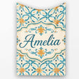 Soft Blue and Yellow Vintage Scroll Tile Pattern with Ornate Floral  Personalised Custom Name Super Soft Fleece Blanket Bed Sofa Throw