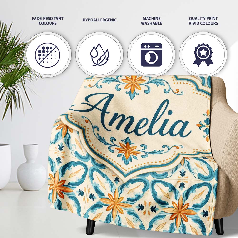 Soft Blue and Yellow Vintage Scroll Tile Pattern with Ornate Floral  Personalised Custom Name Super Soft Fleece Blanket Bed Sofa Throw