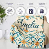 Soft Blue and Yellow Vintage Scroll Tile Pattern with Ornate Floral  Personalised Custom Name Super Soft Fleece Blanket Bed Sofa Throw