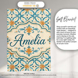 Soft Blue and Yellow Vintage Scroll Tile Pattern with Ornate Floral  Personalised Custom Name Super Soft Fleece Blanket Bed Sofa Throw