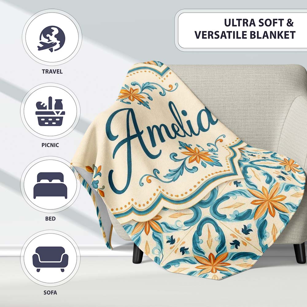 Soft Blue and Yellow Vintage Scroll Tile Pattern with Ornate Floral  Personalised Custom Name Super Soft Fleece Blanket Bed Sofa Throw