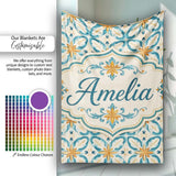 Soft Blue and Yellow Vintage Scroll Tile Pattern with Ornate Floral  Personalised Custom Name Super Soft Fleece Blanket Bed Sofa Throw
