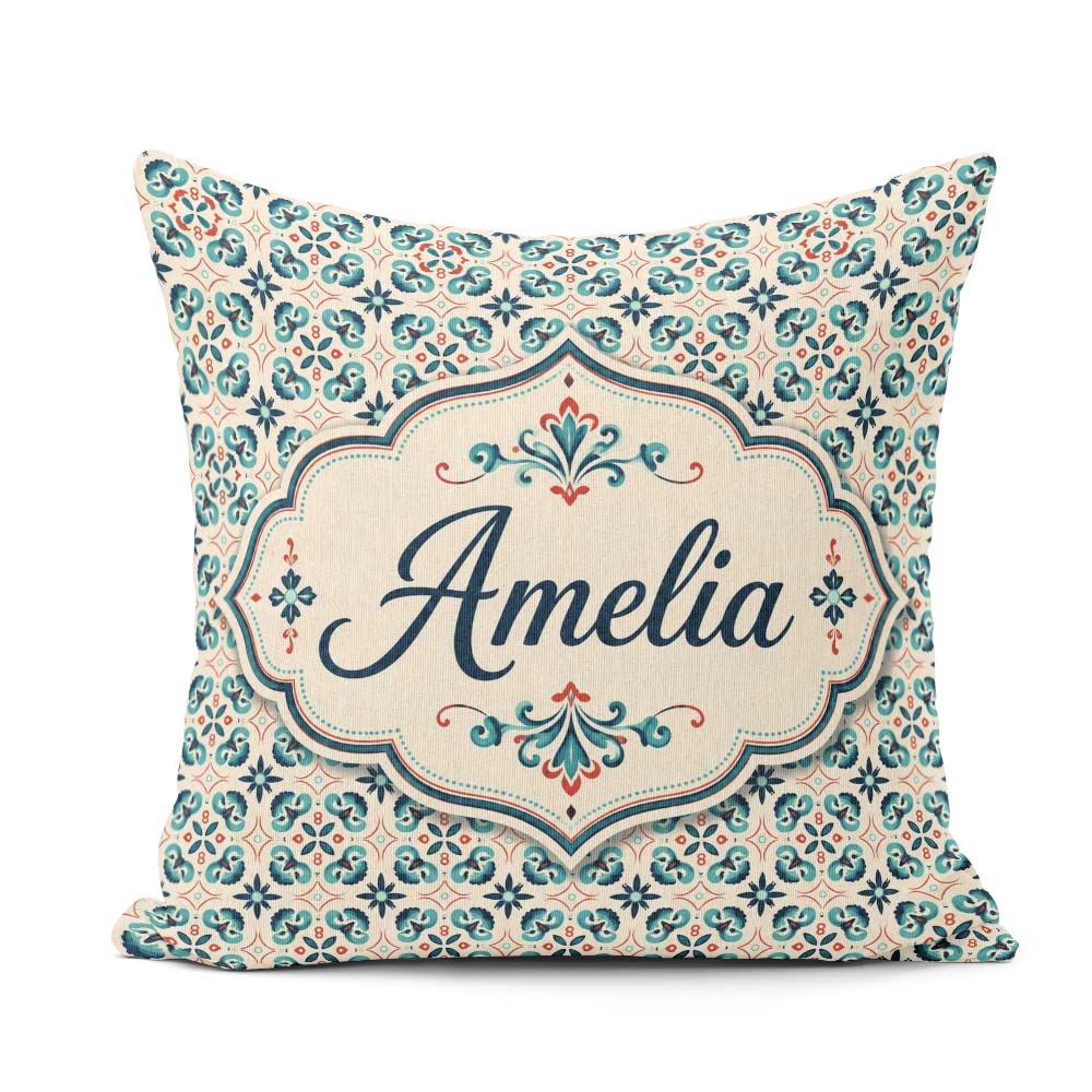 Custom Name Teal and Red Ornamental Tile with Symmetrical Floral Square Filled Cushion Throw Pillow Sofa Bed Home Decor Zip Washable UK Made