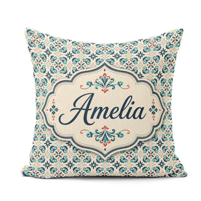 Custom Name Teal and Red Ornamental Tile with Symmetrical Floral Square Filled Cushion Throw Pillow Sofa Bed Home Decor Zip Washable UK Made