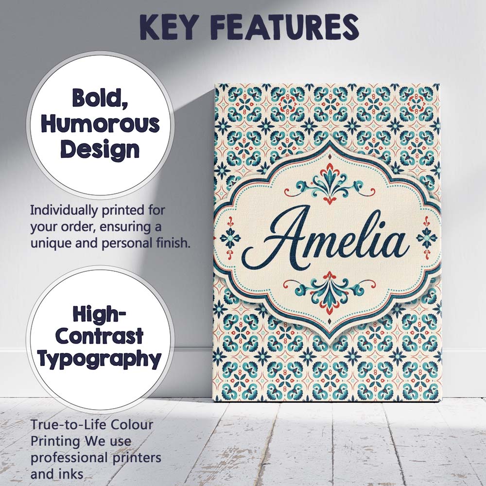 Personalised Name Teal and Red Ornamental Custom  Unique Gift Idea Elegant Feature Canvas Wall Art Print Decor Picture Ready to Hang