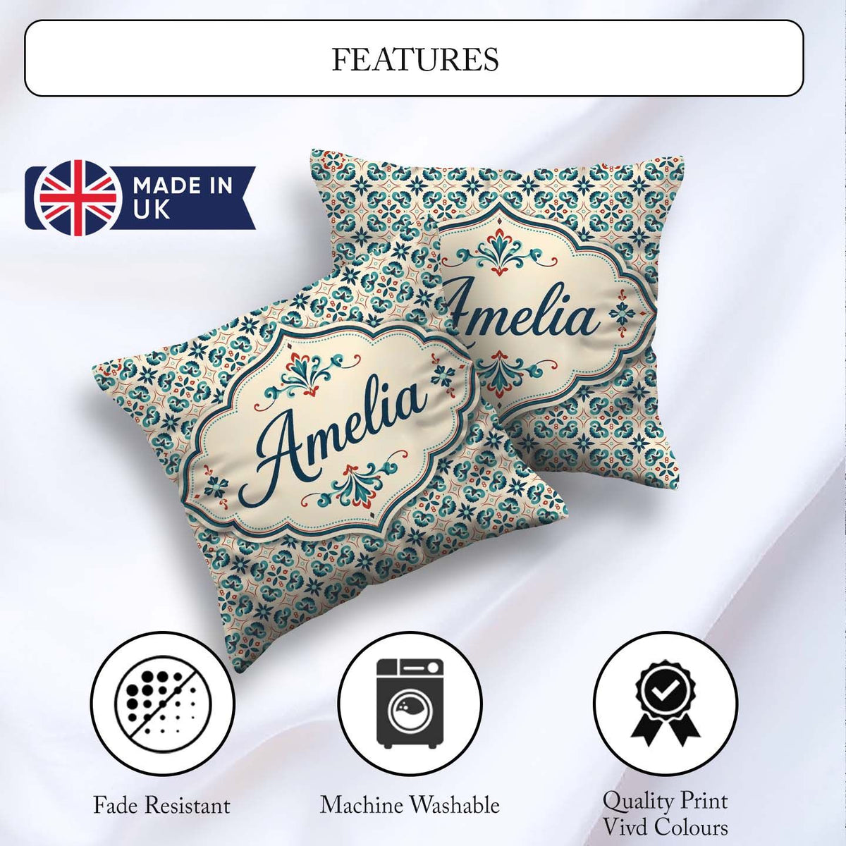 Custom Name Teal and Red Ornamental Tile with Symmetrical Floral Square Filled Cushion Throw Pillow Sofa Bed Home Decor Zip Washable UK Made