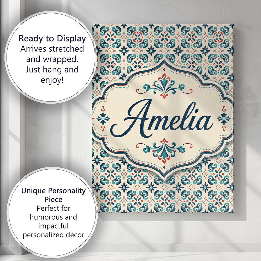 Personalised Name Teal and Red Ornamental Custom  Unique Gift Idea Elegant Feature Canvas Wall Art Print Decor Picture Ready to Hang