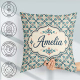 Custom Name Teal and Red Ornamental Tile with Symmetrical Floral Square Filled Cushion Throw Pillow Sofa Bed Home Decor Zip Washable UK Made