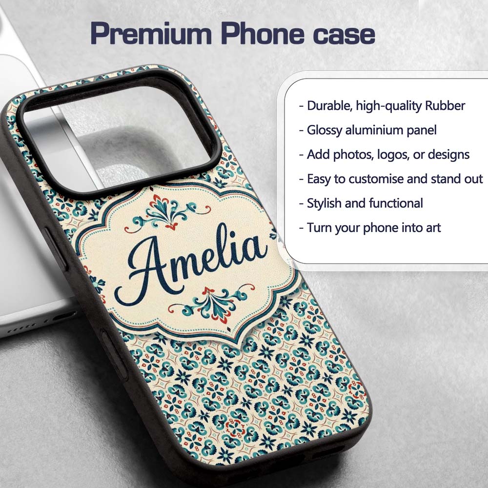 Teal and Red Ornamental Tile Decorative Design Custom Name Protective Phone Case Mobile Cover Durable Everyday Smartphone Shock Resistant
