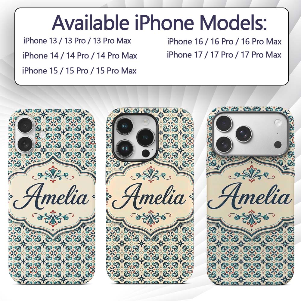Teal and Red Ornamental Tile Decorative Design Custom Name Protective Phone Case Mobile Cover Durable Everyday Smartphone Shock Resistant
