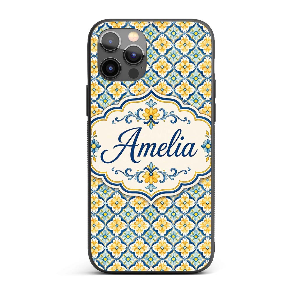 Blue and Yellow Mediterranean Style Tile Pattern Custom Name Protective Phone Case Mobile Cover Durable Everyday Smartphone Shock Resistant