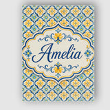 Personalised Name Blue and Yellow Mediterranean Style Tile Custom Stylish Home Interior Canvas Wall Art Print Decor Picture Ready to Hang