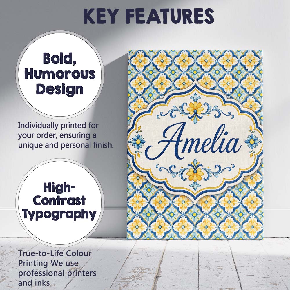 Personalised Name Blue and Yellow Mediterranean Style Tile Custom Stylish Home Interior Canvas Wall Art Print Decor Picture Ready to Hang
