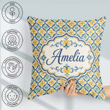 Custom Name Blue and Yellow Mediterranean Style Tile with Floral Square Filled Cushion Throw Pillow Sofa Bed Home Decor Zip Washable UK Made