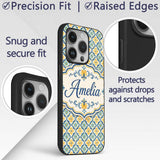 Blue and Yellow Mediterranean Style Tile Pattern Custom Name Protective Phone Case Mobile Cover Durable Everyday Smartphone Shock Resistant