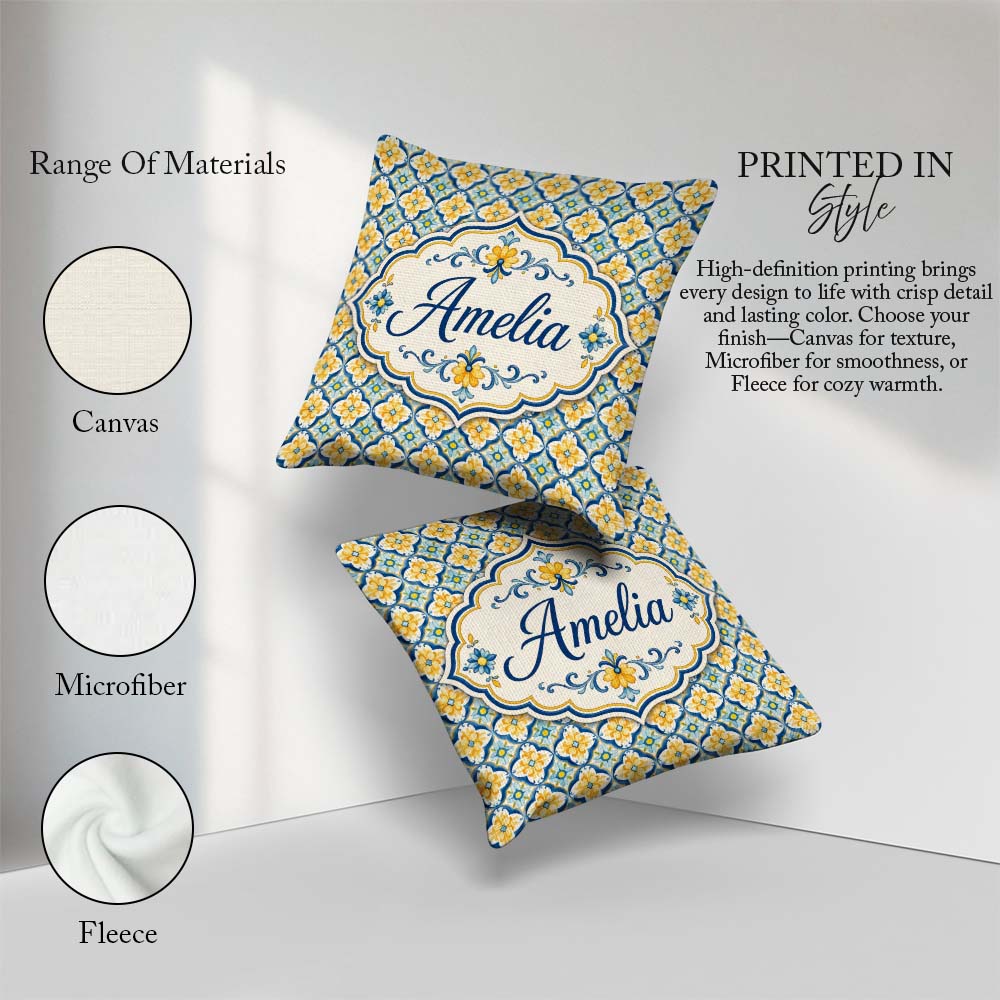 Custom Name Blue and Yellow Mediterranean Style Tile with Floral Square Filled Cushion Throw Pillow Sofa Bed Home Decor Zip Washable UK Made