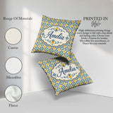 Custom Name Blue and Yellow Mediterranean Style Tile with Floral Square Filled Cushion Throw Pillow Sofa Bed Home Decor Zip Washable UK Made