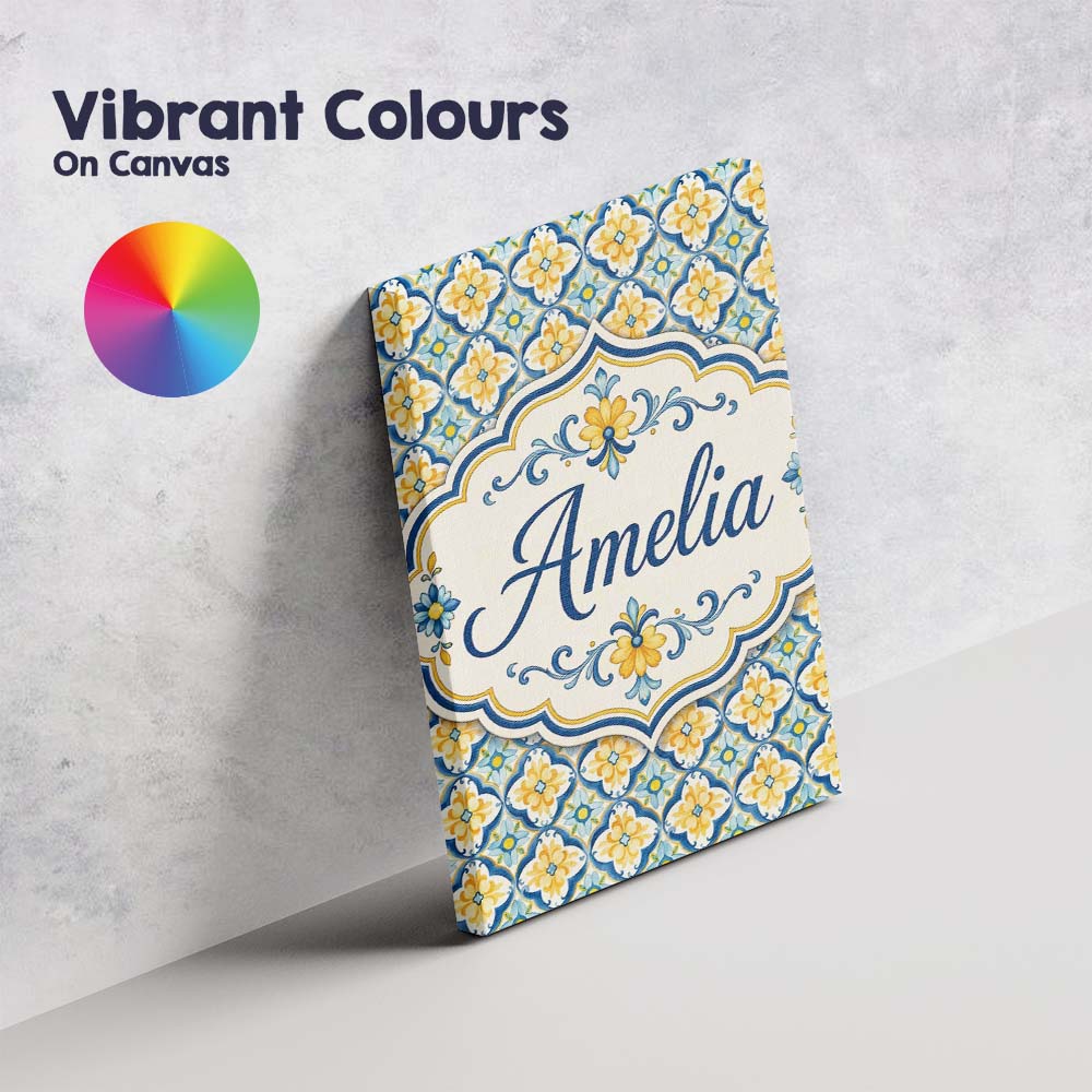 Personalised Name Blue and Yellow Mediterranean Style Tile Custom Stylish Home Interior Canvas Wall Art Print Decor Picture Ready to Hang