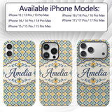 Blue and Yellow Mediterranean Style Tile Pattern Custom Name Protective Phone Case Mobile Cover Durable Everyday Smartphone Shock Resistant